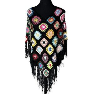 Crochet Granny Square Knit Poncho Shawl Cape Fringe Black Multicolour Boho